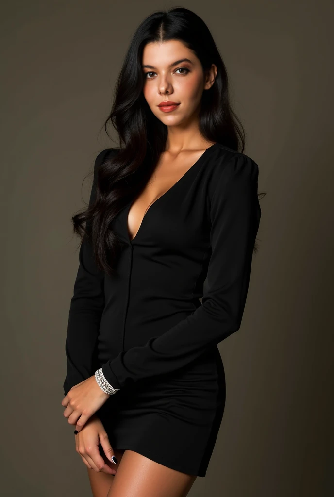 ultra realistic, photography, long black straight hair, (30 years old, hazel eyes, hourglass figure, perfect fit body, natural big breasts), femme fatale, seductive look, professional, (4k photo:1.1) by (Jeremy Lipking:0.3), (Dittmann Anna:0.3), (Arian Mark:0.3), (Sharp focus:1.3), high detail (front view), wearing (tight shirt:1.2), tight micro skirt, red, beautiful detailed face, (seductive:1.1), (blushing:1.1), hourglass body shape, natural breasts, (braless) pokies, cleavage, full body with visible face