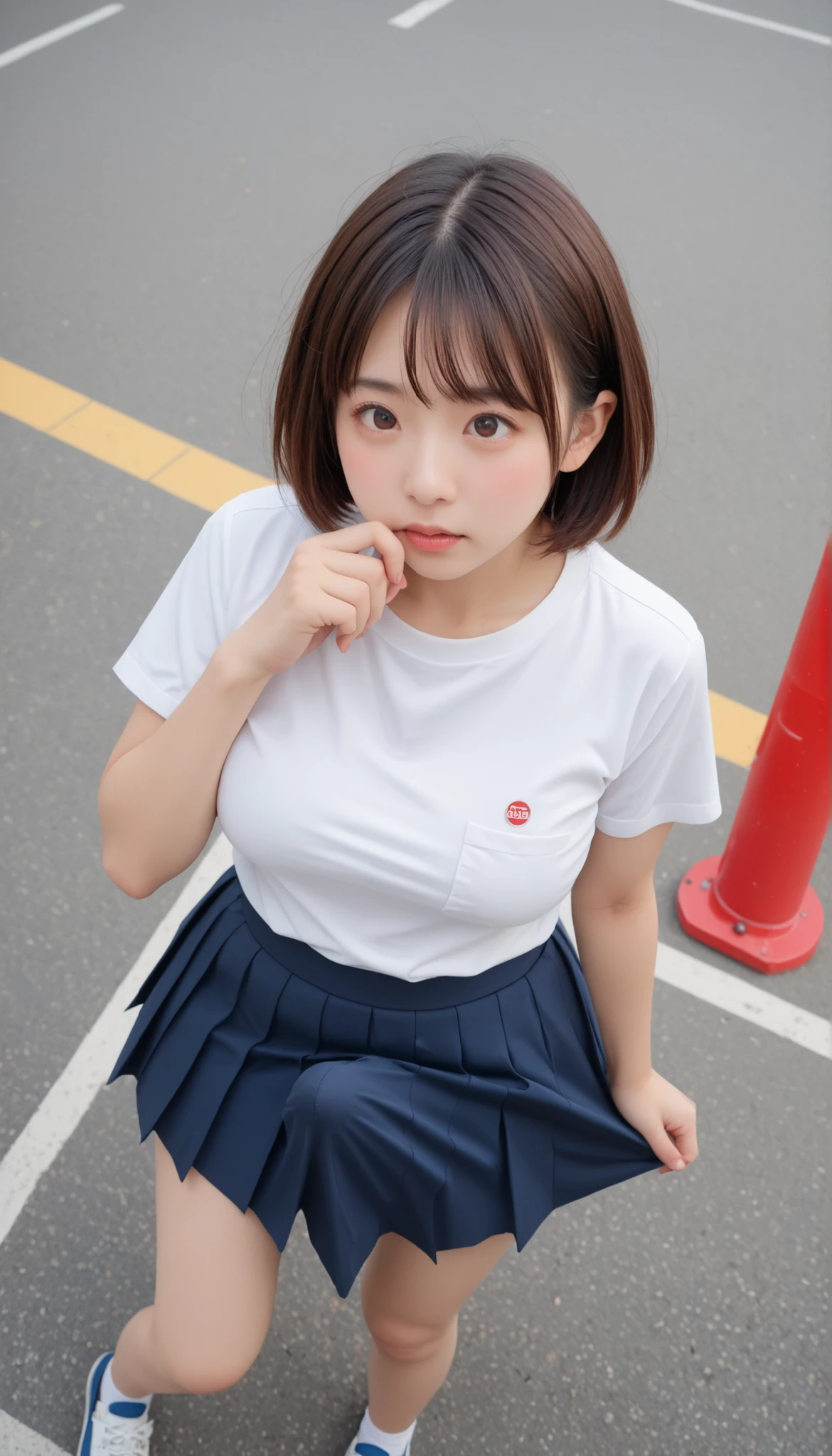 realistic, small bust、((white shirt waiting for a traffic light)) , ((angle from above))、((curvy body))、 looked like she was brushing、 female student、 pleated skirt spreading on the indoor floor 、((face close-up))、 problematic expression 、高校のwhite shirt waiting for a traffic light、In my room、(( embarrassed expression))attractive、 please open your mouth a little and seduce me、(angle、 She's looking up ) very short hair, Erection under clothes, An erect crotch pushes up the skirt, Panchira, white panties