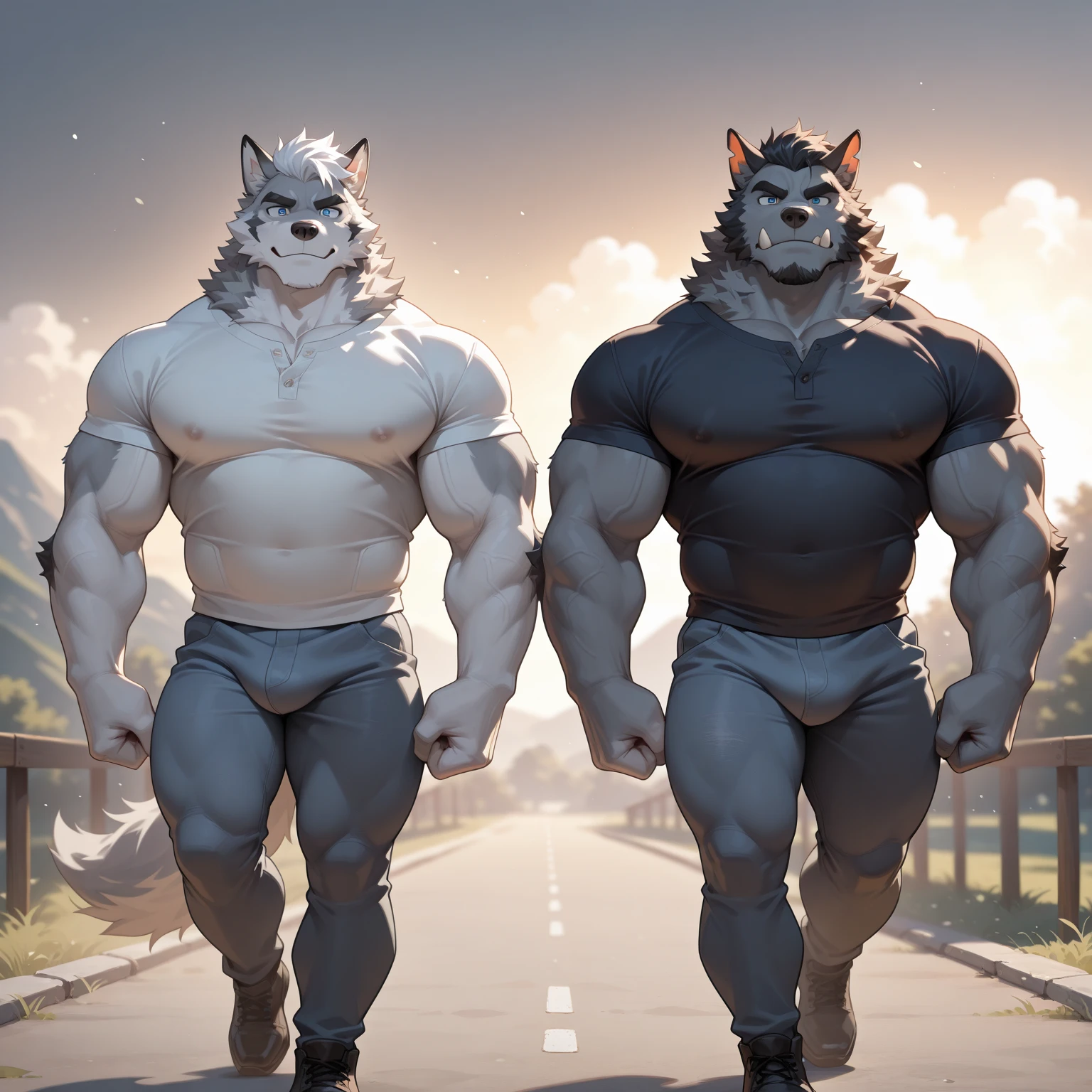 独奏, male, , , , (hyper pecs:1.2), (Long thick thighs:1.5), standing, indoor,,(,,(,独奏,very hyper muscLes:1.3)((, Huge buLge:1.3)))unreaL engine,perfect Light,detaiLed, photoreaListic, 4K, HD, , , , good anatomy, , (), ,, high quaLity, best quaLity, concept art, photoreaListic, ,Glowing eyes,(nippLe rings:1), (<3), ,uterus tattoo),Wolf,,Black shorts,grassland