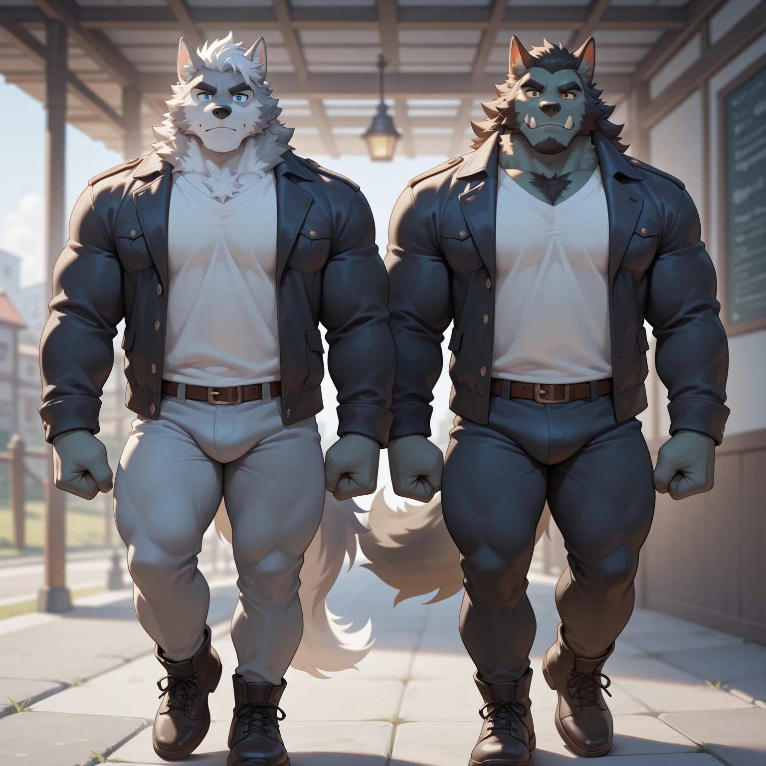 Muscular but fit anthropomorphic horse wearing a white t-shirt and tight jeans that show off his big bulge and converse sneakers