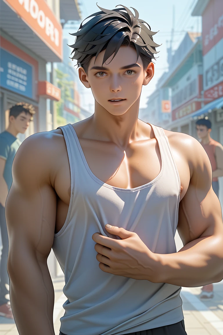 Male athletic 15-year-old Arab boy, esta sin ropa, desnudo, toples blancos, piel canela rojiza, cabello liso, camina perdido y asustado por las calles de new york, el joven viste una falda tgipica del antiguo egipto