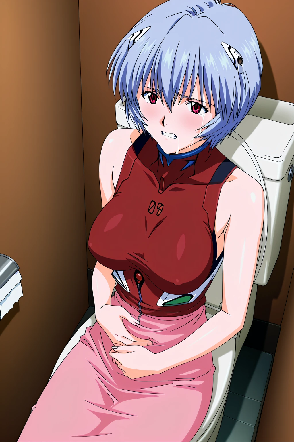 1boy, 1girl, (pkmnJenny), green hair, detailed eyes, metal collar, completely nude, sweat, uncensored, large breasts, perky breasts, large areolae, toned female, fat ass, narrow waist, vivid lips), huge penis, light-skinned male, arched back, blushing, looking up, blue brick wall, dark room, dungeon, score_9_up, score_8_up, score_7_up, high quality, best quality, retro anime style, detailed retro anime, kneeling blowjob, fellatio, oral, drooling, deepthroat, overhead view, full body in view, sex from behind, doggystyle
