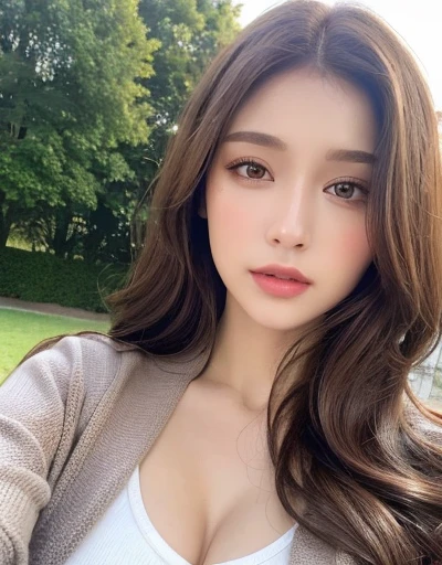 ((Best quality, 8k, Masterpiece :1.3)), Sharp focus :1.2, A pretty woman with perfect figure :1.4, Slender abs :1.2, ((Dark brown hair, Big breasts :1.2)), (White button up long shirt :1.1), City street:1.2, Highly detailed face and skin texture, Detailed eyes, Double eyelid, open shoulder top