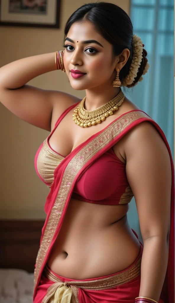 Foto RAW, photorealistic, photography, full body shot, master shot, perfect eyes, goddess like beauty, pierced eyes, perfect thick chubby mallu Desi aunty bhabhi, Wearing a Stanapatta, a chest-band.Saree model, model Photography, Indian saree shoot, Indian traditional wear advertising photography, traditional wear brand shoot, face of Indian actress Sonakshi Sinha, masterpiece, realistic, realism, incredible details, pleasure, photorealism, detailed skin, skin pores, high contrast, photorealistic Artstation 8k HD digital art trend of high definition and detailed realistic skin texture, ultra detail, realistic skin texture, armature, best quality, ultra high definition, (photorealistic:1.4),, high resolution, detail, raw photo, sweat, Re sharp, by Lee Jefferies Nikon D850 Film Stock Photo 4 Kodak Portra 400 Camera F1.6 Lens Rich Color Ultra Real Realistic Realistic Textures Dramatic Lighting Unreal Engine Trending at Art Station Cinestill 800,(pele altamente detalhada: 1.2), 8k UHD, DSLR, soft-lighting, alta qualidade, grain of film, Fujifilm XT3,she didn't like to wear blouse or bra, she is happy to wear only saree, she hates blouse or bra, detailed hairy armpits, hyper realistic skin, skin pores, sweat, veins,