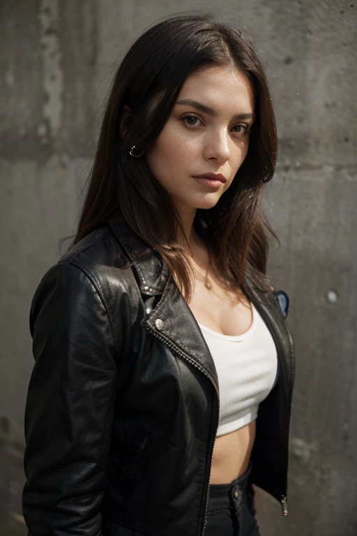 1980s Kodak photo of a young 25 year old rock girl with black 
hair , blue eyes ,wearing a white shirt and (black leather jacket), in cologne , photography by nan goldin, faded, film grain, cross processed image