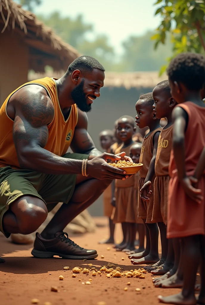 muscular selfish light-skinned man eating around african hungry kids that have no food