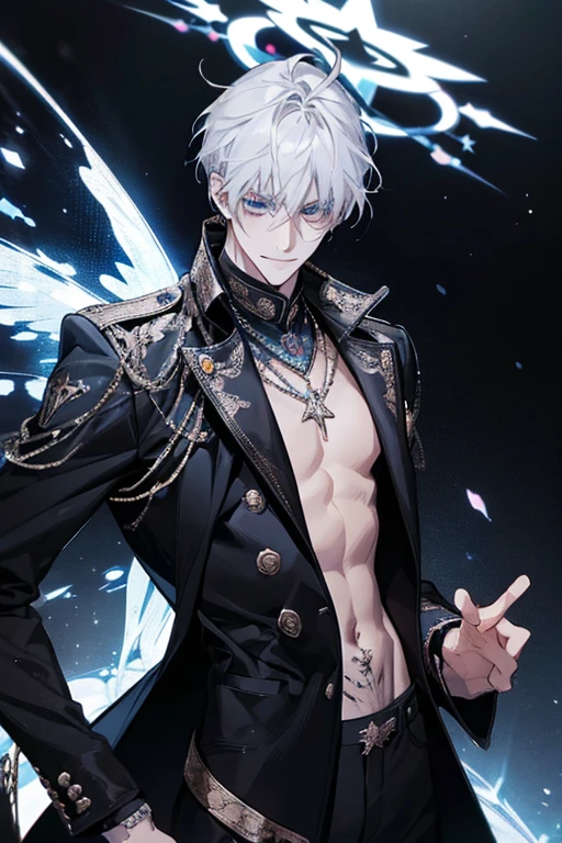 Male with white puffy hair, white eyes, handsome, with tattoo of dragon on his hand, wearing casual clothes, ice mage