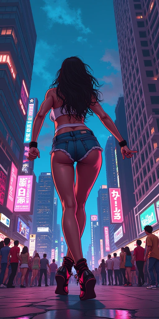 ((buttocks)) ((turns back))Composition seen from below Blue sky, thunderclouds, sunlight, masterpiece Anime-style delicate painting 4K 90's Huge Multiple crowds Crowd in a big city Many people ((Giant high school girl standing on the road)) ((((Bikini) Swimsuit)) ) ((Straw hat)) ((Tanned skin)) ((Dark skin)) ((Big city)), ((Tokyo Akihabara Electric Town)), Big breasts, High school girl, Transparent costume, Lots of sweat, Water splash, sneakers, watch, black hair, smile, Female Titan Titan girl full body crowd Unreal Engine, cleavage, image, earrings, cute photo, beauty, analog style, full body, sneakers, GTS, Giant Female Titan, building cleavage A girl in a skyscraper district, a big city, a GTS, a giant female giant,