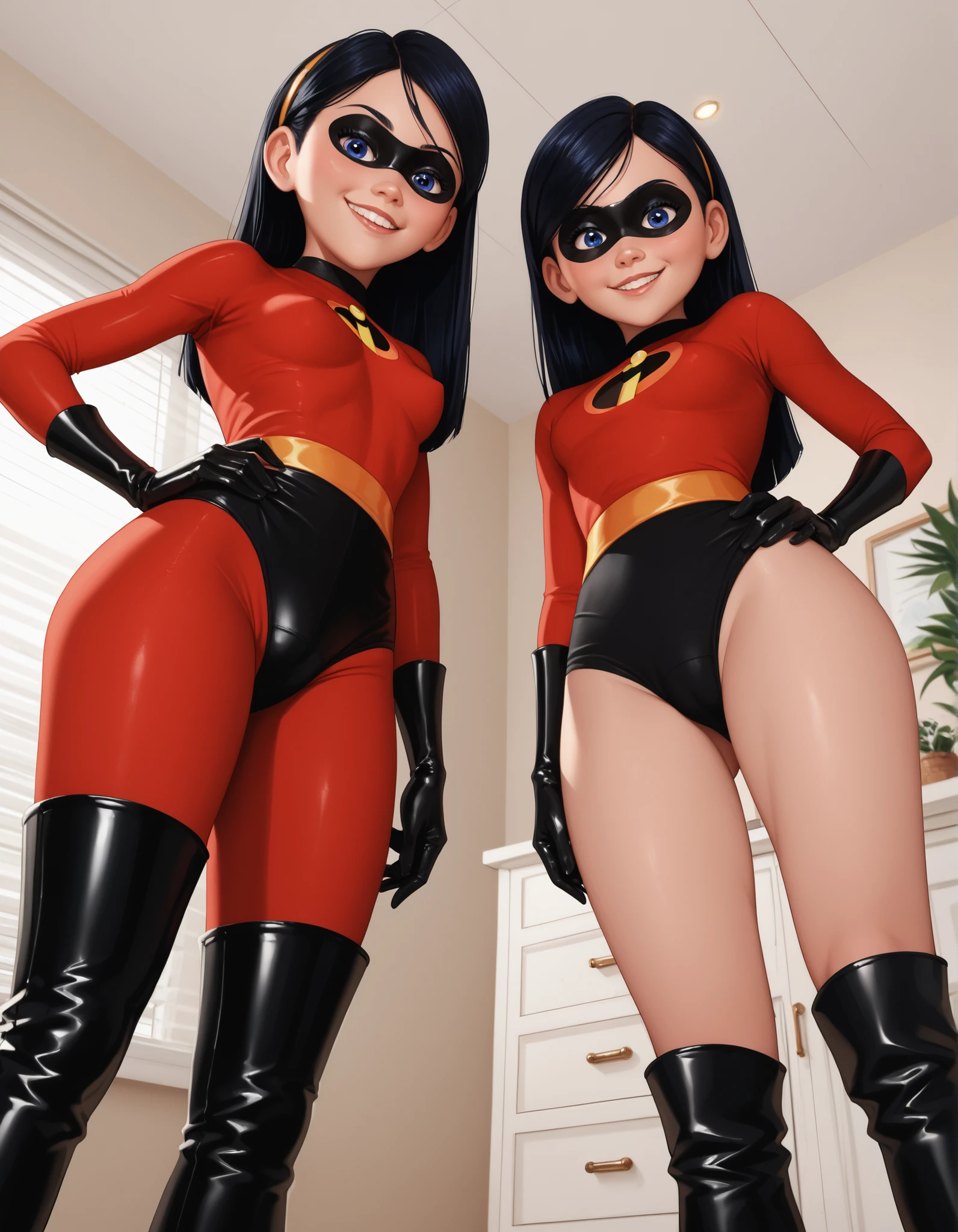 Queen's Stallion, latex skin, shiny skin, latex hair, shiny hair, futanari, horsecock futanari, eyes rolling back, Lucoa Horns, inflatable hair, plastic hair, seam lines, dollification, helenparrSDXL,1girl,short hair,brown hair,thighhighs,gloves,brown eyes,red bodysuit,superhero,domino mask,black gloves,cowboy shot, 1girl