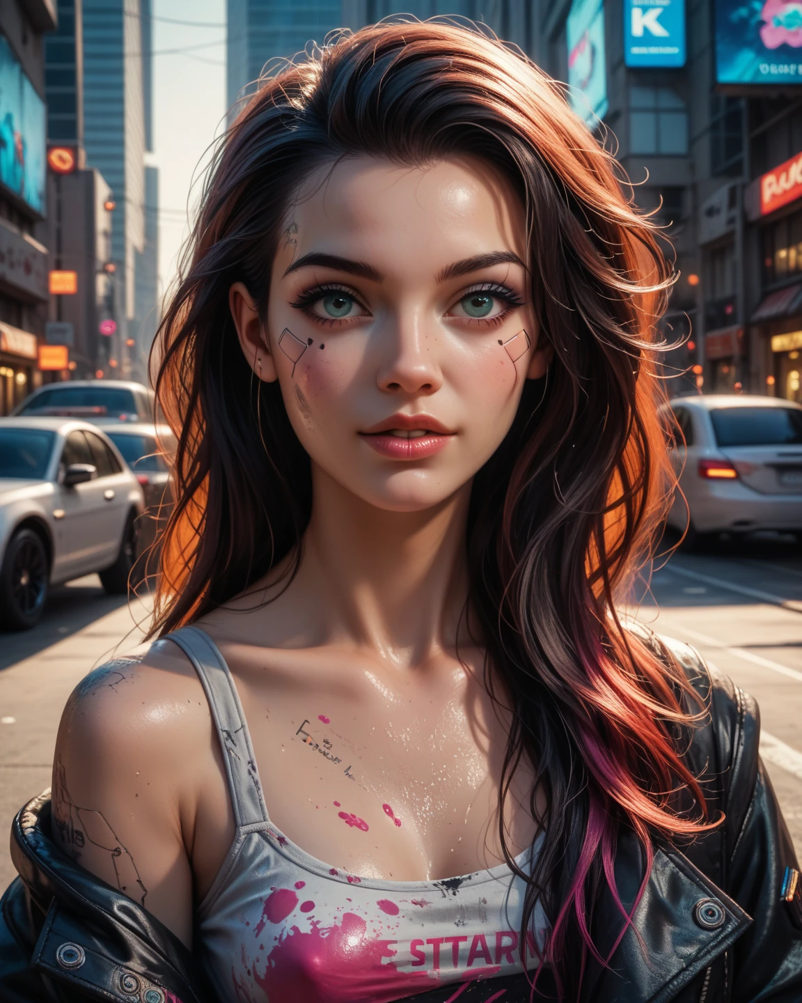 1 girl, ven:0.3) woman, candid portrait, establishing shot, detailed background, atmospheric, hair flowing in the wind, naked, white hair, tan skin, oily skin, wet hair, freckles, green eyes, floating particles, backlightinasterpiece))), (((masterwork))), ((top quality)), ((best quality)), ((highest quality)), ((highest fidelity)), ((highest resolution)), ((highres)), ((highest detail)), ((highly detailed)), ((hyper-detailed)), (((detail enhancement))), ((deeply detailed)), awe inspiring, breathtaking, uhd, hdr, fhd, 8k, 16k, 32k, k, meticulous, intricate, intimate, nuanced, (((the most beautiful images in existence))), (((the most beautiful artwork in the world))), (RAW photo, film grain), caustics, subsurface scattering, reflections, photorealistic, 35mm, intricate details, hyperdetailed, natural skin texture, hyperrealism, sharp, half cyborg, half human, half android, water color, painting, Detailed portrait cyberpunk (sks person), futuristic neon reflective wear, sci-fi, robot parts, ismail inceoglu dragan bibin hans thoma greg rutkowski alexandros pyromallis nekro rene margitte illustrated, perfect face, ((tattoo)), , matte skin, pores, wrinkles, hyperdetailed, hyperrealistic,, Moody Lighting, Hasselblad Award Winner, Soft Diffuse Lighting, Smirk,, machine face, fine details, realistic shaded, intricate, elegant, Futuristic cities、TOKYOcty、empty mechanical car、natta、Numerous cyborgs fighting surrounded by creepy cyborg DNAt."."agnes cecile, Written by Andre Masson, Francis Bacon, 4K, intrincate details, Attention to detail, awardwinning, 8K, crisp quality, hyper realisitic, Exquisite craftsmanship, nffsw, masutepiece, Lusciousness, Mesmeric, Dreamy, Eye-catching, Irresistible, Fascinating, Glorious, divine, Pretty, excellent, Gorgeous, Very cute, Adorable, classy, Stunning, water color, painting, artwork, beautiful girl, include colors white, pearl, gold, teal