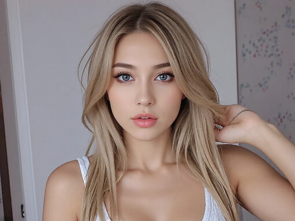 One girl, full body view, very pretty, 25 years old, long hair, blonde hair, brown eyes, sharp eyebrows, slim, hourglass body shape, realistic, cleavage, Instagram, influencer, cute, posing, wearing clothes, high-res, ultra-detailed, vivid colors, professional lighting, (attractive young woman: 1.3), (seductive: 1.1), (blushing: 1.1) (4k photo:1.1) by (Jeremy Lipking:0.3), (Dittmann Anna:0.3), (Arian Mark:0.3), (Sharp focus:1.3)