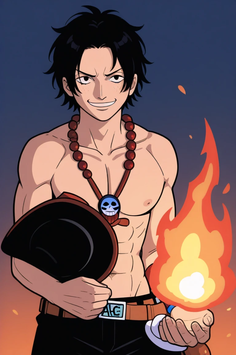boichi manga style, male focus, 1boy, solo, fire, open clothes, black hair, straw hat, open shirt, hat, abs, jewelry, necklace, muscular, shirt, belt, ((masterpiece)) <lora:boichi_manga_style_offset:1>