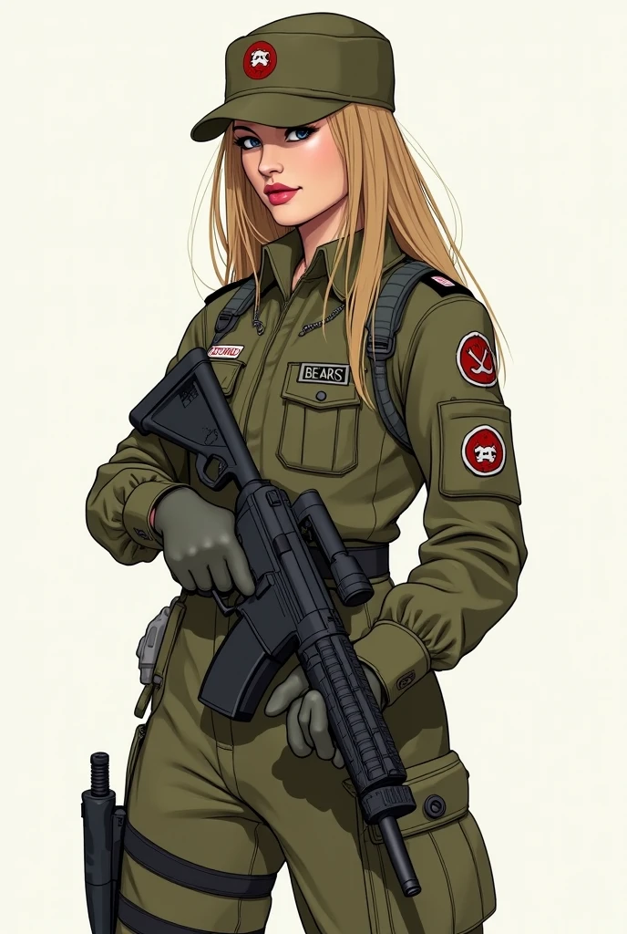 green solid background, 1 woman, best quality, ultra high res, long hair, full lips, blonde hair, blue eyes, military overalls, smiling at viewers, wearing brown gloves, wearing black combat boots, double D breast, standing, full body