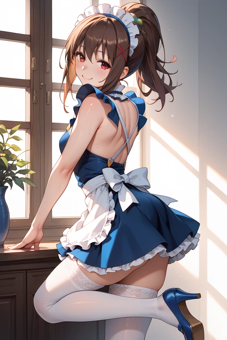 the woman is maid clothing and under ware, 1girl, solo, underwear, blue panties, brown hair, side-tie panties, brown eyes, ass, maid, long hair, looking back