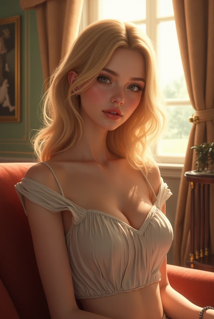 (photorealism:1.2), A young woman with fair skin, large green eyes, and a soft makeup look. She has a straight blonde bob haircut that falls just above her shoulders. Her expression is confident yet gentle, with full, slightly parted lips and a subtle smile. She has a slim body with a big bust., sentada en la cama, usando una blusa suelta con hombros descubiertos, pajama pants, indoors, soft lighting, plants in the background, Window with sunlight, comfortable room, relaxed pose, Realistic, intricate details, Warm colors
