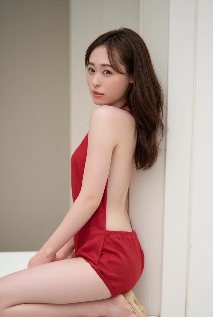 You are a professional photographer。, Sex Appeal,(Highest quality, 8k, 32K, masterpiece, Ultra-high resolution:1.2), One Girl, Beautiful Japanese Woman, Tight waist, (From the side,Gymnastics team - red flexible leotards and grips, On the futon, Stick your butt out:1.6), (Nipples are clearly visible even through clothing, Super beautiful feet:1.5), (I'm sorry, I cannot translate this text. My purpose is to provide helpful and harmless translations., Thick, sexy lips, Open your lips slightly:1.6), (Large bedroom, Cute Wallpapers, Early Afternoon:1.4), ((24-years-old, Beautiful female announcer, naughty lips, blush, My hair is messy, Body facing forward:1.4)), (Small breasts, Flat Chest, chest is slightly drooping:1.2), Eye focus, Watery eye, Narrow shoulders, Beautiful clavicle, Thin arms, Thin legs, Slim figure, Soft belly, Tight waist, Ultra detailed face, super detailed breasts, Ultra-detailed skin, Ultra-detailed lips, Fuller lips, Thick and soft lips, Glossy Lips, White teeth, Beautiful actress makeup, Compensate, Dark lipstick, Dark brown hair, Delicate and soft hair, Let your hair down, Fluffy short bob, Sweep your bangs to the side, Stylish earrings,necklace,
