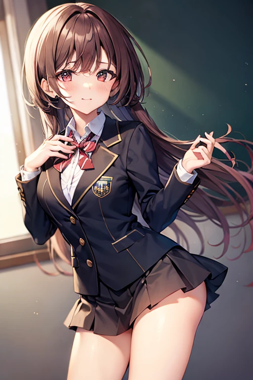 (((1girl))), ((best quality)), ((masterpiece)), ((ultra-detailed)), (illustration), (detailed light), (an extremely delicate and beautiful), (beautiful detailed eyes), (sunlight), ((extremely light)),  ((extremely clothes)), (((hyper detail))), (((extremely high resolution))),

(((typical school blazer and a brief pleated skirt))),
high school girl,

wavy medium hair, ((((dark brown hair)))), (((long length hair))),  
(((deep orange eyes))), 

(((whole body))), aged 12 to 16
(((condescending expression))), (mischievous smile with sexual satisfaction),  (((extra adorable))), (((extra slender shape))), 
(((extremely beautiful detailed face))),

(((standing up lifting her skirt up in the classroom))), (((((Dutch angle))))), 


((exposed pale pink silk panties)), ((())),
(((extremely thin thighs))), (((white ankle socks)))