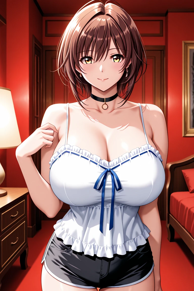 Una mujer mayor . mature huge breast big dark brown hair her light yellow eye round big eyelash dresses black maid top shows navel and dresses black maid skirt metallic and happy
