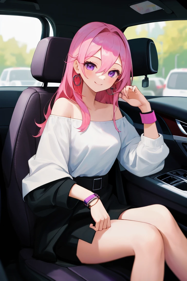 (masterpiece, Highest Quality),1 girl sitting in a car ,1 girl, jewelry, smile, Watch Viewers, car interior , solo,pink hair, PURPLE EYES, steering wheel, , long hair, white shirt waiting for a traffic light, off shoulder, Black Jacket, hair between eyes, long sleeve, , wristband,