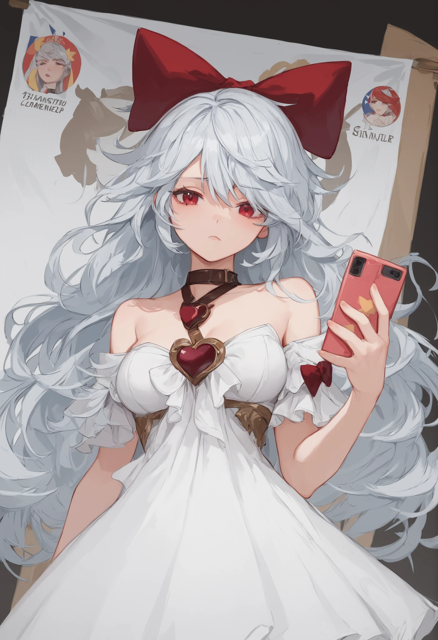 score_9, score_8_up, score_7_up, sinestrea, 1girl, white hair, bare shoulders, white dress, frown hair bow, long hair, heart brooch, medium breasts, hair bow, ribbon, red eyes,She confidently holds a smartphone in front of her, displaying a flag that has a yellow star, a red upper half, and a blue lower half. Behind her are posters with Vietnamese text and a red and white color theme. Across the middle of the image. The atmosphere feels patriotic and respectful.