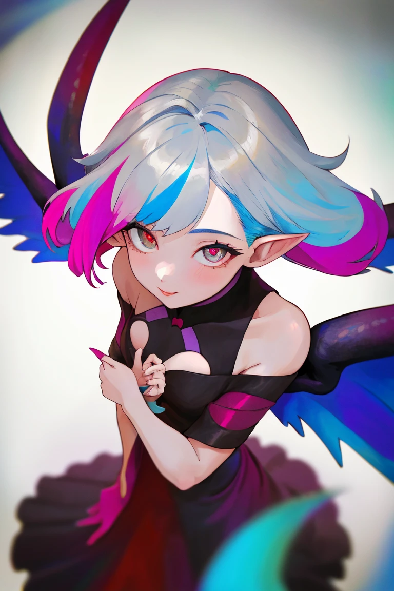 ((masterpiece, best)), 1girl, (mature woman: 1.4), 130mm f1.4 lens, 1girl, solo, pointed ears, heart-shaped pupils, micro skirt, looking down, demon girl, flat chest, demon wings, saturated, colorful , colorful hair, silver hair, blue hair, colorful eyes