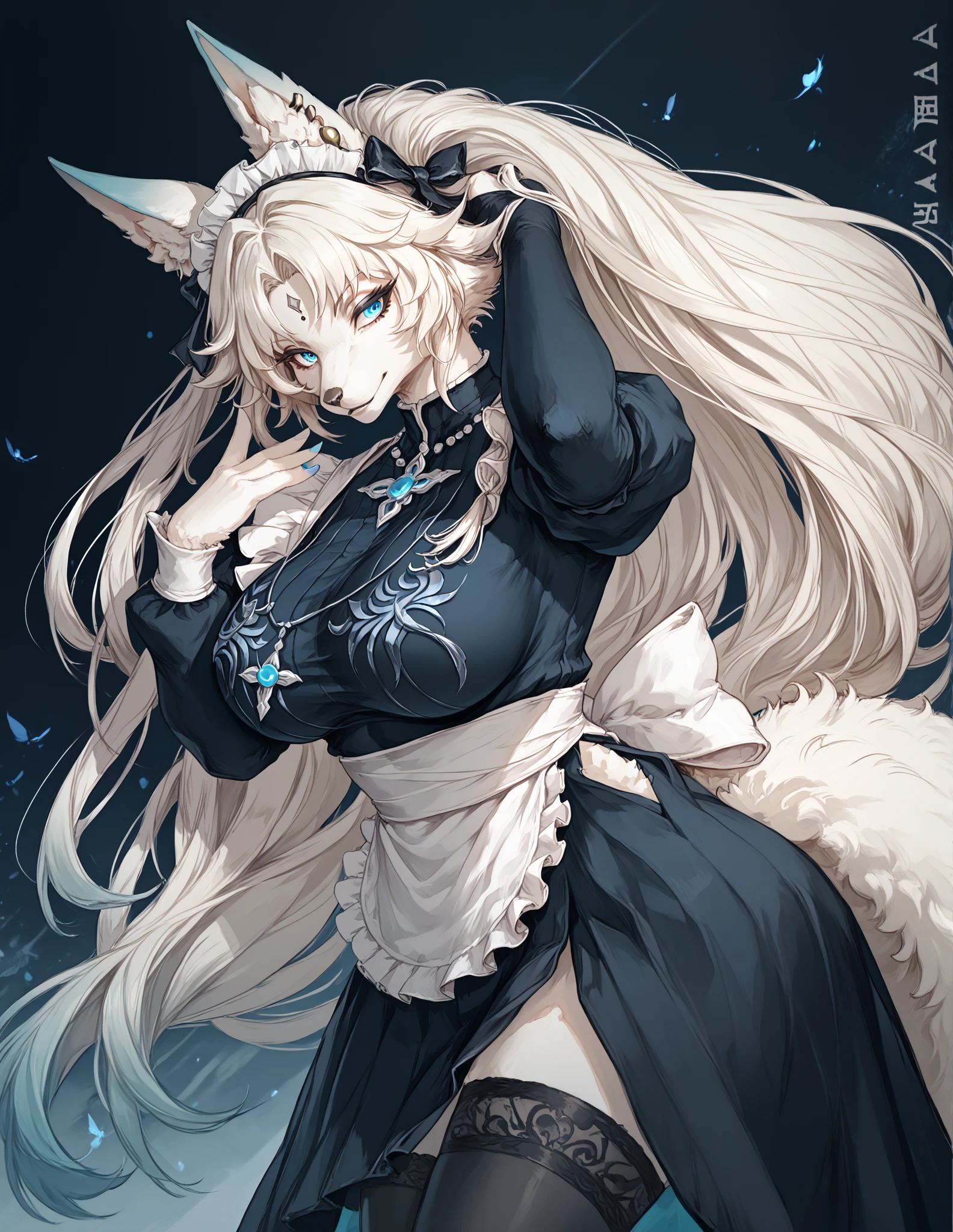 Floating onto the surface. ((She turns around.)) Her body in a leaning back position. Her blonde long hair covered tanznite glitter. Her big blues and covered in pink crystal covered lips. Wearing a white satin dress with gold mesh layers