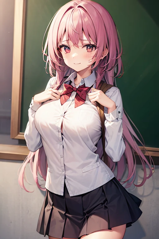 Best Quality,masutepiece,fullnude，look down on, Upper body，Strands of hair,bright pink hair,‎Classroom，tiny chest、Take off your uniform, Bow, Red bow, Long sleeves, Shirt, Collared shirt, White shirt, Skirt, Pleated skirt, Black skirt, tiny chest、looking at the viewers, BREAK (masutepiece:1.2), Best Quality, High resolution, Unity 8k壁纸, (Illustration:0.8), (Beautiful detailed eyes:1.6), extra detailed face, Perfect Lighting, extremely details CG, (Perfect hands, Perfect ???????),A smile、(Skirt lift:1.3), (Strawberry print panties:1.3)、(Skirt that rolls up:1.3)、(Fully exposed panties:1.5)