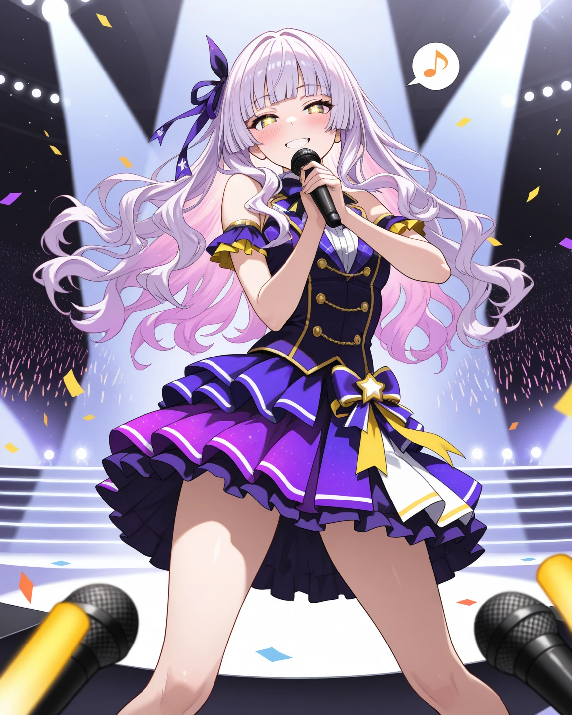 masutepiece, High resolution, 8K, anime woman, Delicate and detailed writing 、Detailed digital illustration、(((Straight tuft pigtails)))、((very long lilac hair))、Bangs、a very beautiful woman、Eyes are double, Large, Bust is an A cup、High image quality, High quality、Detailed background、(((Wearing idol clothes)))、((Glittering live stage backdrop))、The inside of the eye shines like a diamond、Gradient pupil、(((2 arms、4 fingers, 1 thumb)))、Detailed female face、Very beautiful and cute woman、、细致背景、​masterpiece、Soft Focus , Bright gradient watercolor , Lens Flare , (((Glitter))) , Glow , Dreamy , (((Holding the microphone in her hand)))、a miniskirt、Idol、Lilac ribbon、Very beautiful purple rose hair accessories、Purple and gold costume with white as the main color、(((Macroeye)))、Little woman、A smile