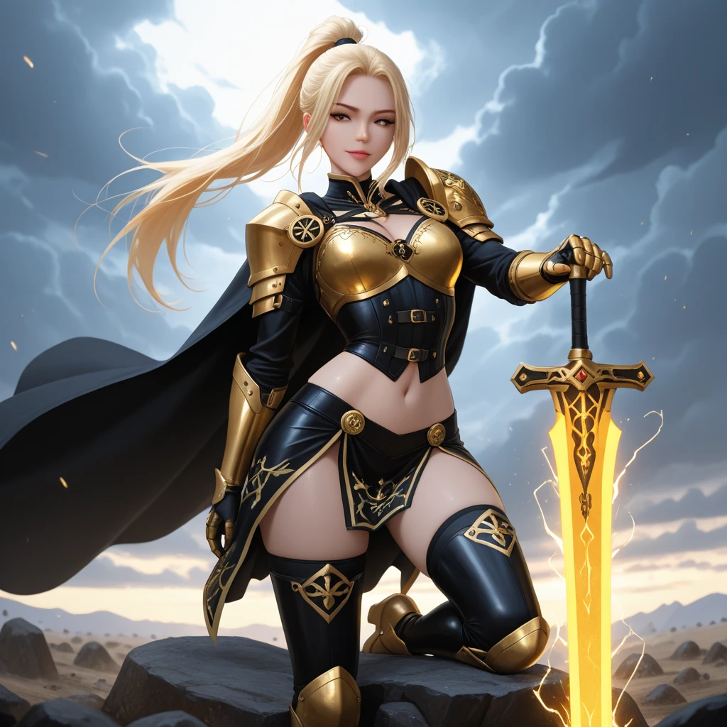 (masterpiece:0.8, best quality:1.5), intricate:1.8, (((((ONE gigantic golden sword, glowing, engraved)), underground shadow cavern, fujifilm, 8k, depth of field, bokeh))), kneeling paladin drow woman, medieval armor black chrome