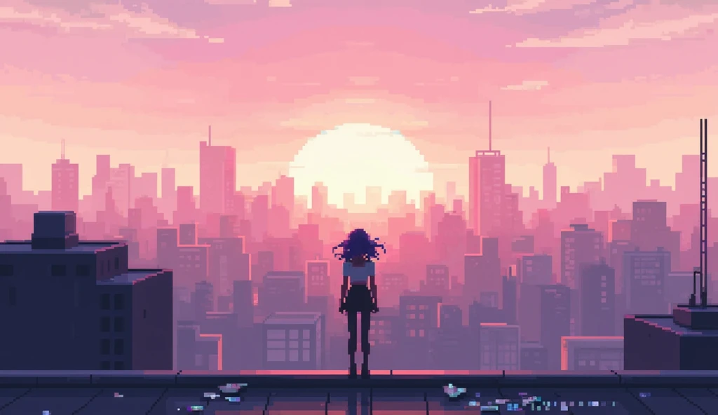 masterpiece, best quality, a woman sitting on a rooftop in a cyberpunk city watching the sunset sunset, looking away, highly detailed, ascii_art <lora:NotSoASCII_v1:0.8>