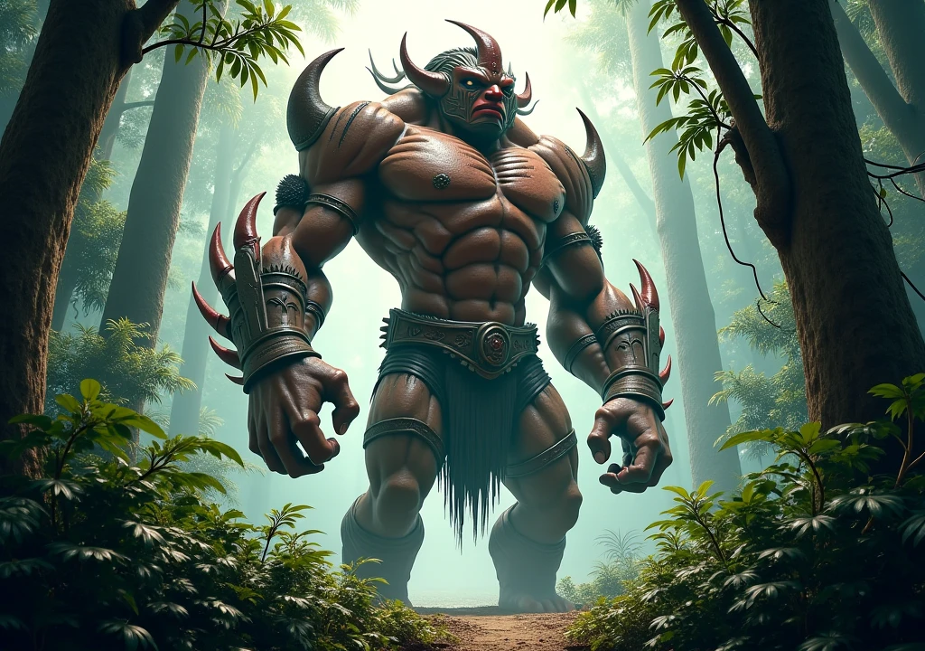 In the bamboo forest there is a muscular man wearing horns --auto --s2