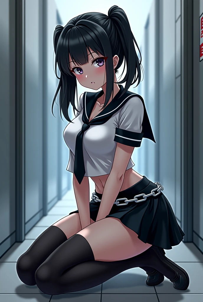 2 girls, (hanging:1.5), (chained:1.5), (restrained:1.5), (choking:1.5), underground, (blushing:1.5), (((shocked expression, struggling))), ((short sleeve,  sailor uniform, tight clohing)), arms to sides, long hair, dark hair, saphire eyes, perfect body, perfect face, detailed face, (((detailed eyes))), image taken from afar, full body 