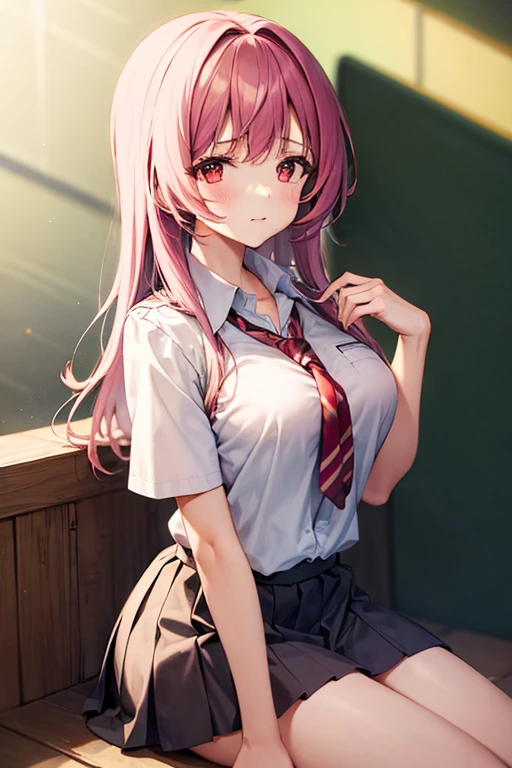 (masterpiece:1.3, top-quality, ultra high res, ultra detailed), (realistic, photorealistic:1.4), beautiful illustration, wearing knit sweater & miniskirt, (Flirtingly lifting her skirt to show her panties:1.3),perfect lighting, natural lighting, colorful, depth of fields, surrealism,  (embarrassed,blush:1.3),
beautiful detailed hair, beautiful detailed face, beautiful detailed eyes, beautiful clavicle, beautiful body, beautiful chest, beautiful thigh, beautiful legs, beautiful fingers, shiny skin, 
looking at viewer, 1 girl, japanese, high school girl, (perfect ???????, anatomically correct, super detailed skin), cute and symmetrical face, babyface, perfect face, perfect eyes, 
(middle hair, two side up, pink hair), crossed bangs, purple eyes, drooping eyes, big eyes, long eyelashes, (large breasts, seductive thighs, skindentation), slender, outstanding style, 
((detailed cloth texture, white collared shirt, blue pleated skirt, dark red neck ribbon), black thigh-highs, loafer), 
(beautiful scenery), late afternoon,hands on chest, (lovely smile, upper eyes, open mouth small),