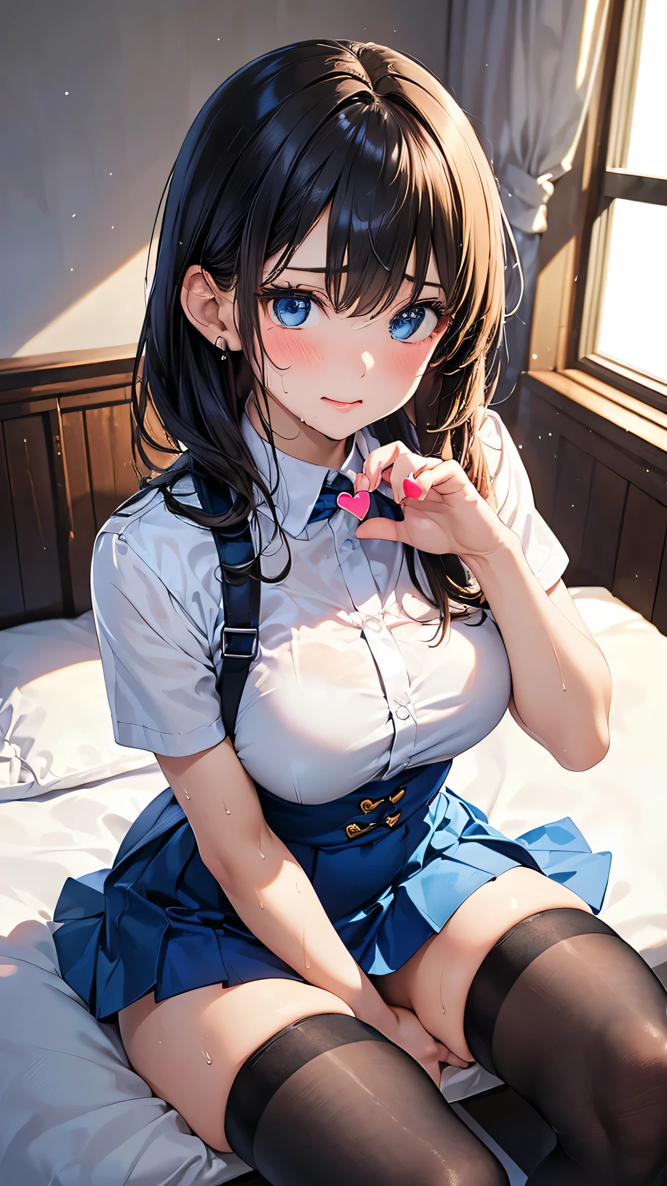 Real、Highest quality、cute、girl、high school student、ponytail、Brown Hair、Beautiful eyes、Beautiful Lips、Navy blue pleated skirt、White shirt、A bow tie、Navy blue socks、Slightly larger breasts、On the bed in the room、Sitting with legs together