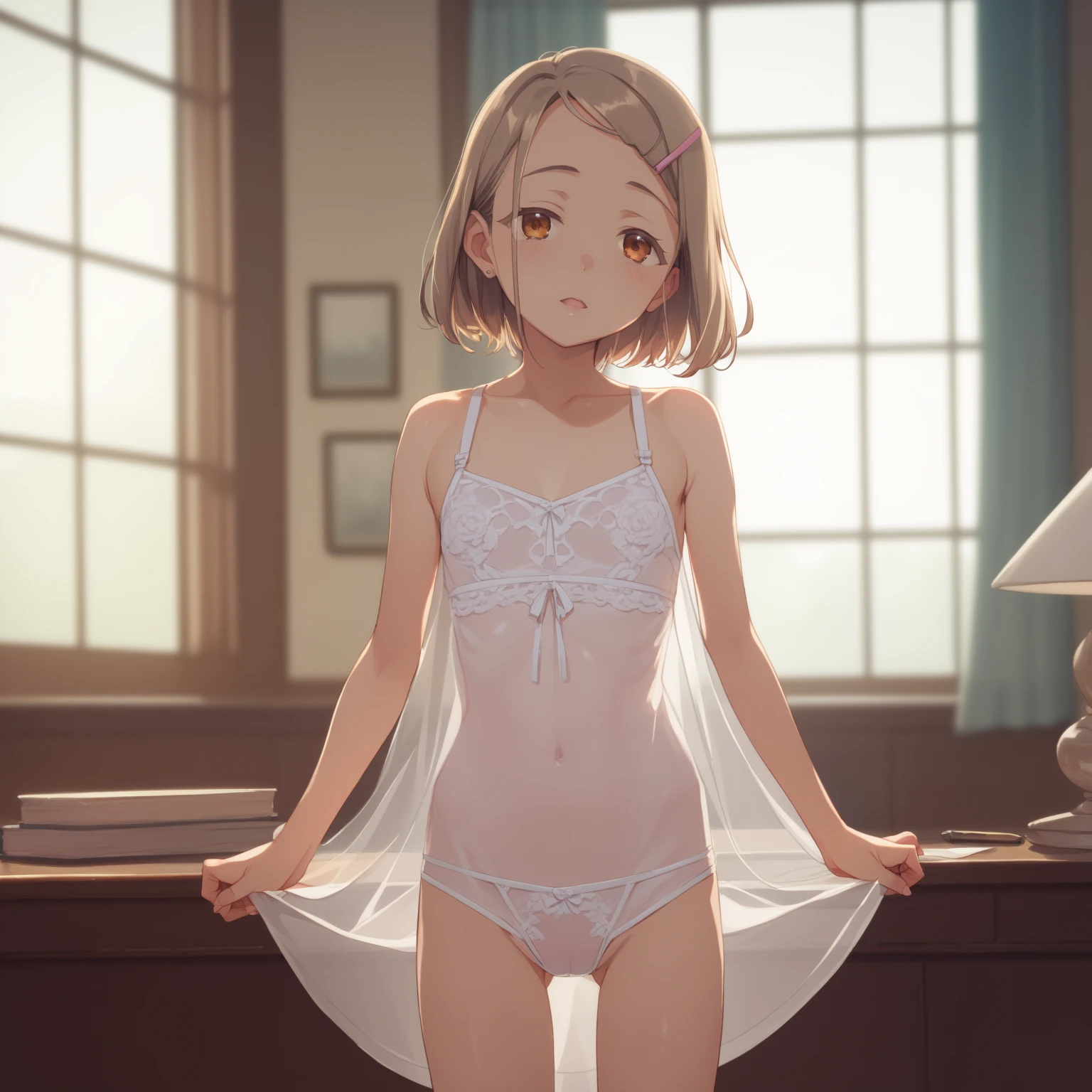 (masterpiece、top-quality、hight resolution、photos realistic、real looking skin:1.1)、Japan girl at 25 years old wearing glasses、full bodyesbian、(very small breasts:1.5)、Beautiful eyes、Shining eyes、embarrassed from、Short side ponytail、no bra、Chest Pochi、(Sheer white tank top:1.5)、is standing、(arms behind back:1.5)、(Bedroom at night:1.5)、(linen child panties:1.5)、nsfw