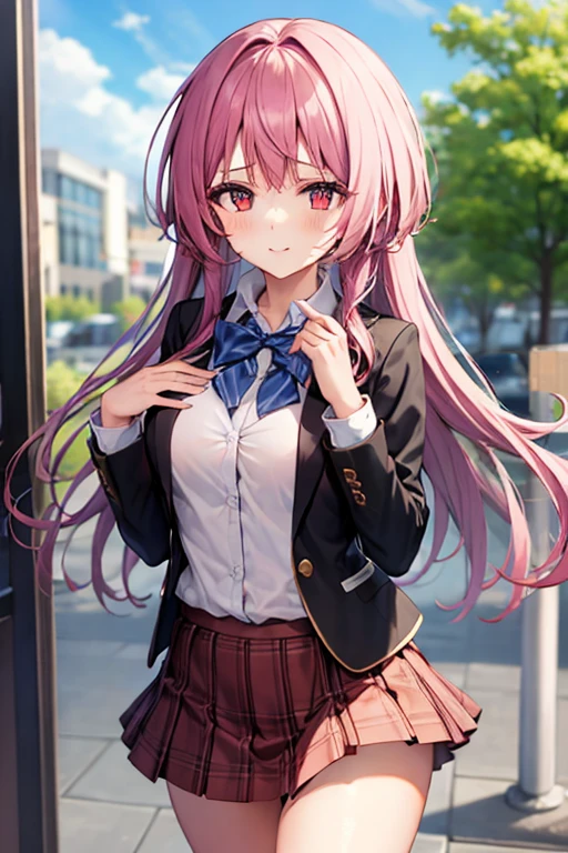 1girl, reisen udongein inaba (touhou), red eyes, rabbit girl, rabbit ears, rabbit tail, purple hair, light purple hair, very long hair, blazer, black jacket, white shirt, collared shirt, blouse, red necktie, buttons, long sleeves, pink skirt, crescent pin