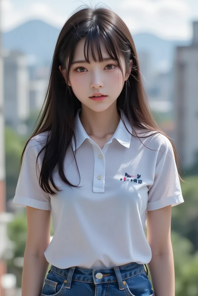 (masterpiece, best quality:1.3), delicate girl, cute face, 8k, 50mm portrait, raw photo, absurdres, close up face, violaceaess, gardeniass, (white tight polo shirt:1.4), short sleeve, trendy outfit, (large breasts:1.2), arch back, thin arms, thin waist, looking at viewer, sophisticated, facelight, clear lighting, film grain, chromatic aberration, [:(detailed face:1.4):0.2], street, (bokeh:1.2), (simple background:1.3)