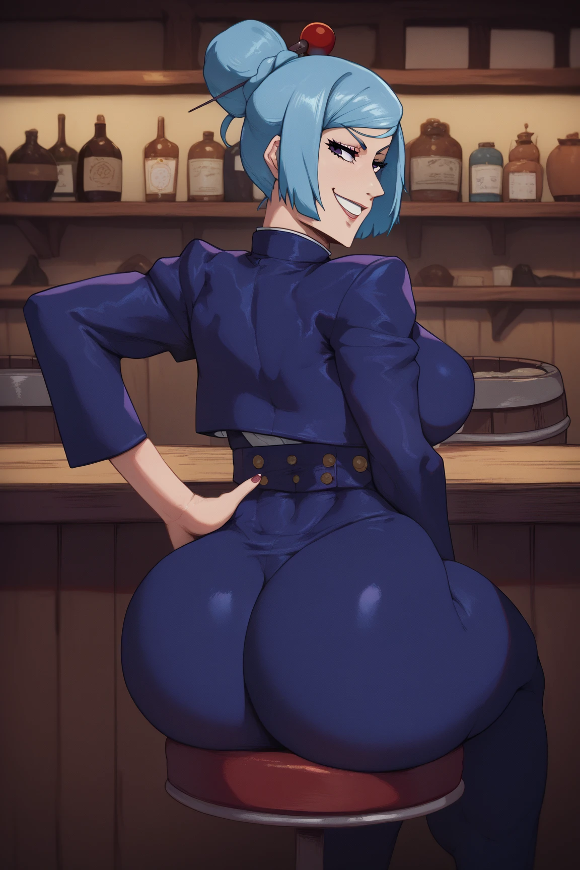_asura style, eula (genshin impact), sitting on stool, cleavage, nude ass, ass focus, 1girl, navel, large_breasts, blush, thighs, wet