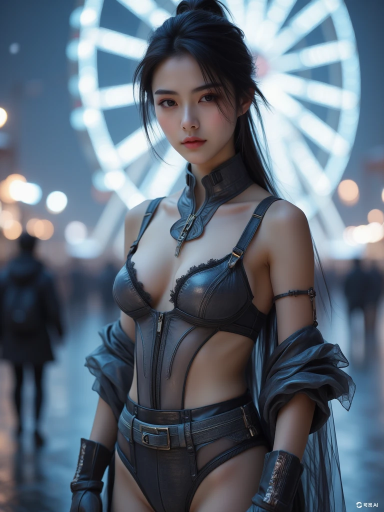 rave festival, night, light rays, edc, rave, highres, lens flare, led, masterpiece, cinematic lighting, perfect skin, long vivid colorful hair, toned, cameltoe,  focus, legs focus