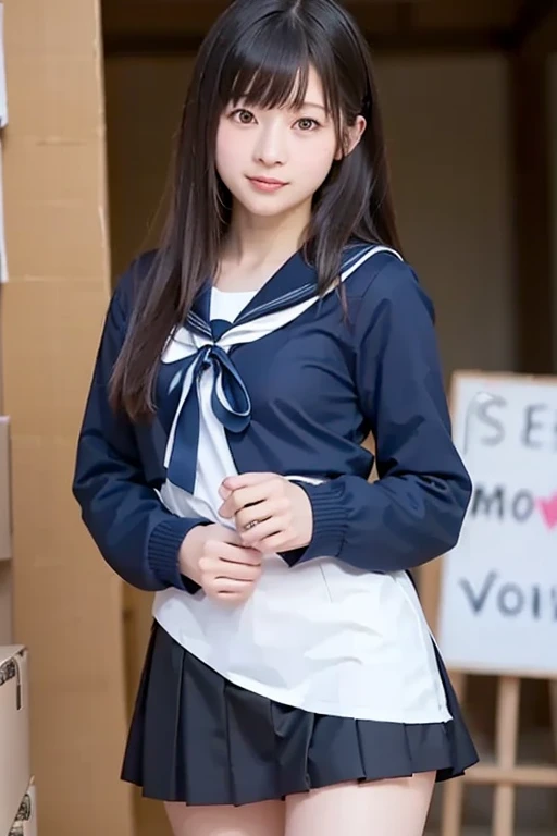 ((highest quality、8k、masterpiece:1.3)),((((cowboy shot)))),Ultra-high resolution,big eyes,Japanese,bangs,(a girl),(1 girl),((20 years old)),((facing at viewer)),(long hair),(((black sailor uniform))),grin,((sitting on chair)),(pleated mini skirt),(((pussy))),((pubic hair)),((skirt lift))