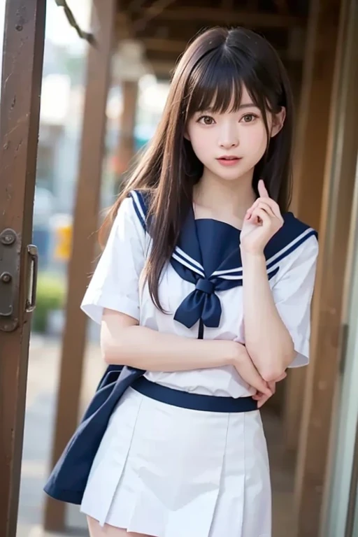 (masterpiece, highest quality:1.2), 8k, official art, RAW photo, incredibly absurd, ( sailor suit, serafuku:1.4), amazing beautiful girl, amazingly cute face, (navy pleated skirt:1.1), close, school uniform, short sleeve, gardenia, violaces, , street, looking at the viewer with a smile, no makeup, film grain, chromatic aberration, sharp focus, face light, dynamic lighting, cinematic lighting, detailed eyes and face,short hair、(((white skin without moles)))、 background bokeh、super slim thighs、((Erotic Panties are showing through、beautiful pussy line:1.1))、(High twin tails with ribbons:1.4),,(((A child with an extremely cute young face:1.35))), 、(very young with big breasts:1.2)
