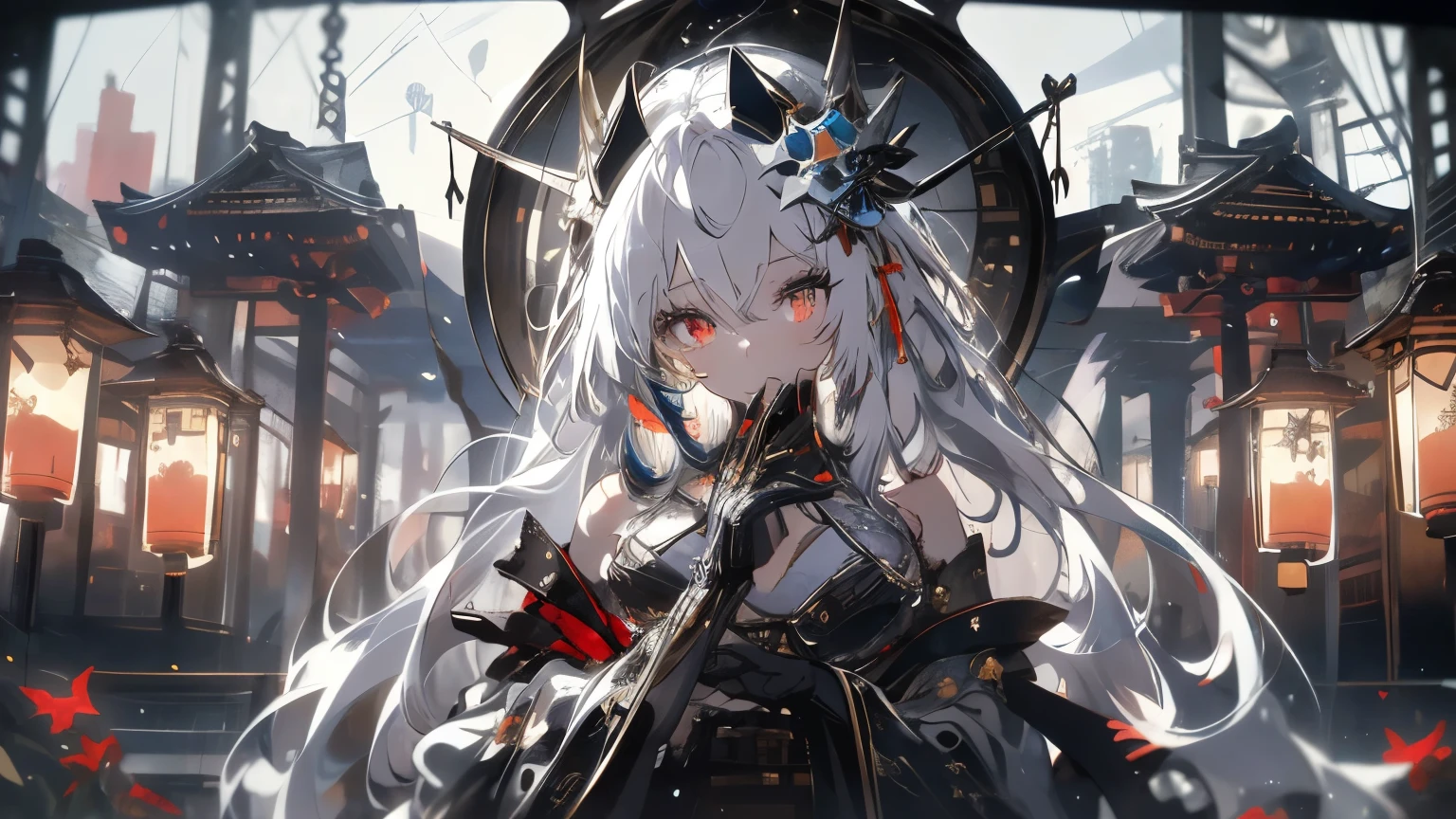 classics,best quality,extremely detailed,Very detailed illustrations,extremely detailed,intricate detail,highres,super complex detail,extremely detailed 8k cg wallpaper,cowboy shot, caustic ,non-gravitational,Ray Detector ,demontheme,Nebula, dark halo , Network effect , ( 1 girl:1.4),solo,lonely,mecha musume,mechanical parts, robot coupling,single machine arm, helmet , mechanical halo,star halo ring,sophisticated mechanical suit, mechanical corset, kimono, full armor, Very long hair,white hair, hair between eyes, multicolored hair, dyed hair, red eyes, glowing eyes , eye trail , random expression , random action , ancient japanese architecture,ao sen, starry sky,skyline,