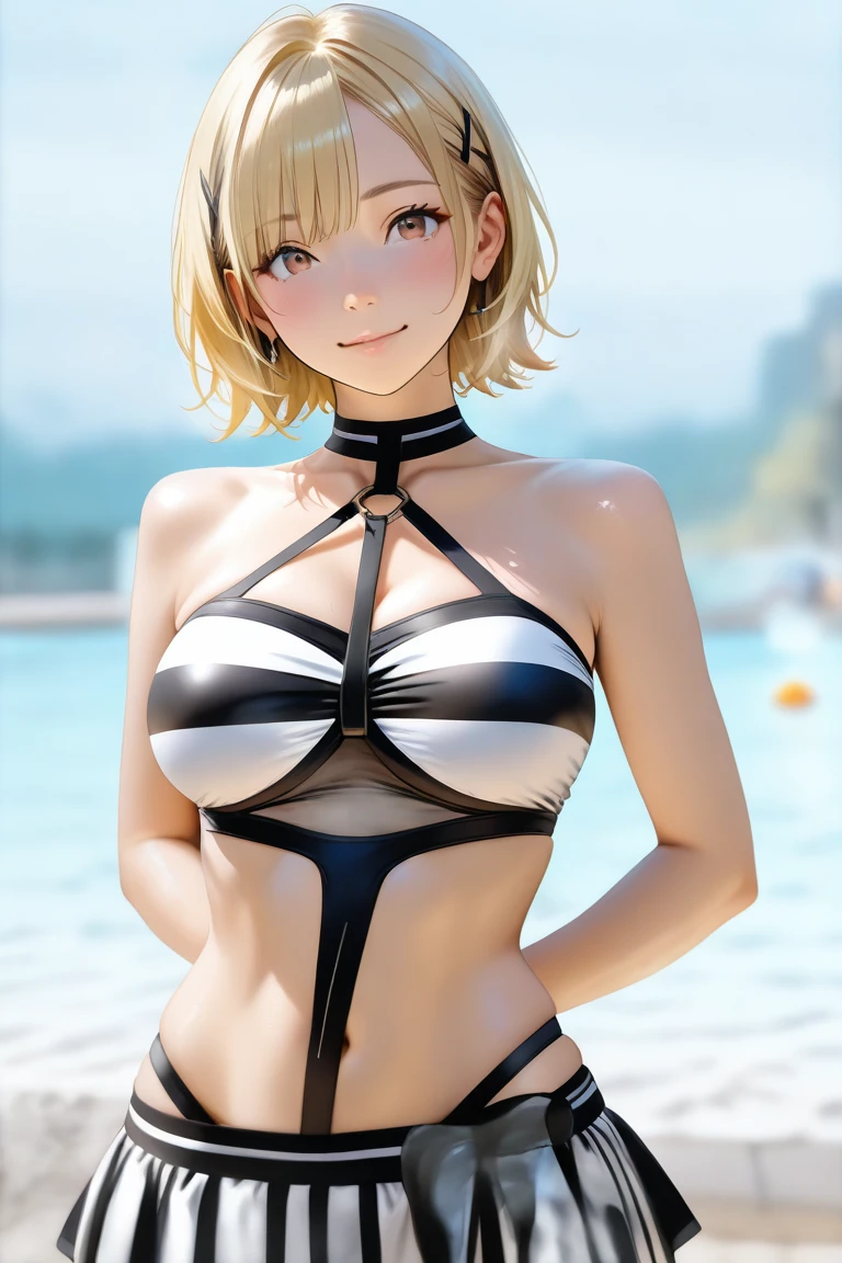 Android18, Android 18, blonde hair, Blue eyes, eyelashes, hoop earrings, short hair, earrings,
break belt, Black bikini, black bra, Jewelry,
break outdoors, city, sky, cloud, Sun, лежит на sun loungerе, sun lounger, Armpits, sweating,
break looking at viewer, (cowboy shot:1.5),
break (masterpiece:1.2), Best quality, a high resolution, unity 8k wallpaper, (illustration:0.8), (beautiful detailed eyes:1.6), very detailed face, perfect lighting, extremely detailed computer graphics, (perfect hands, Ideal Anatomy),