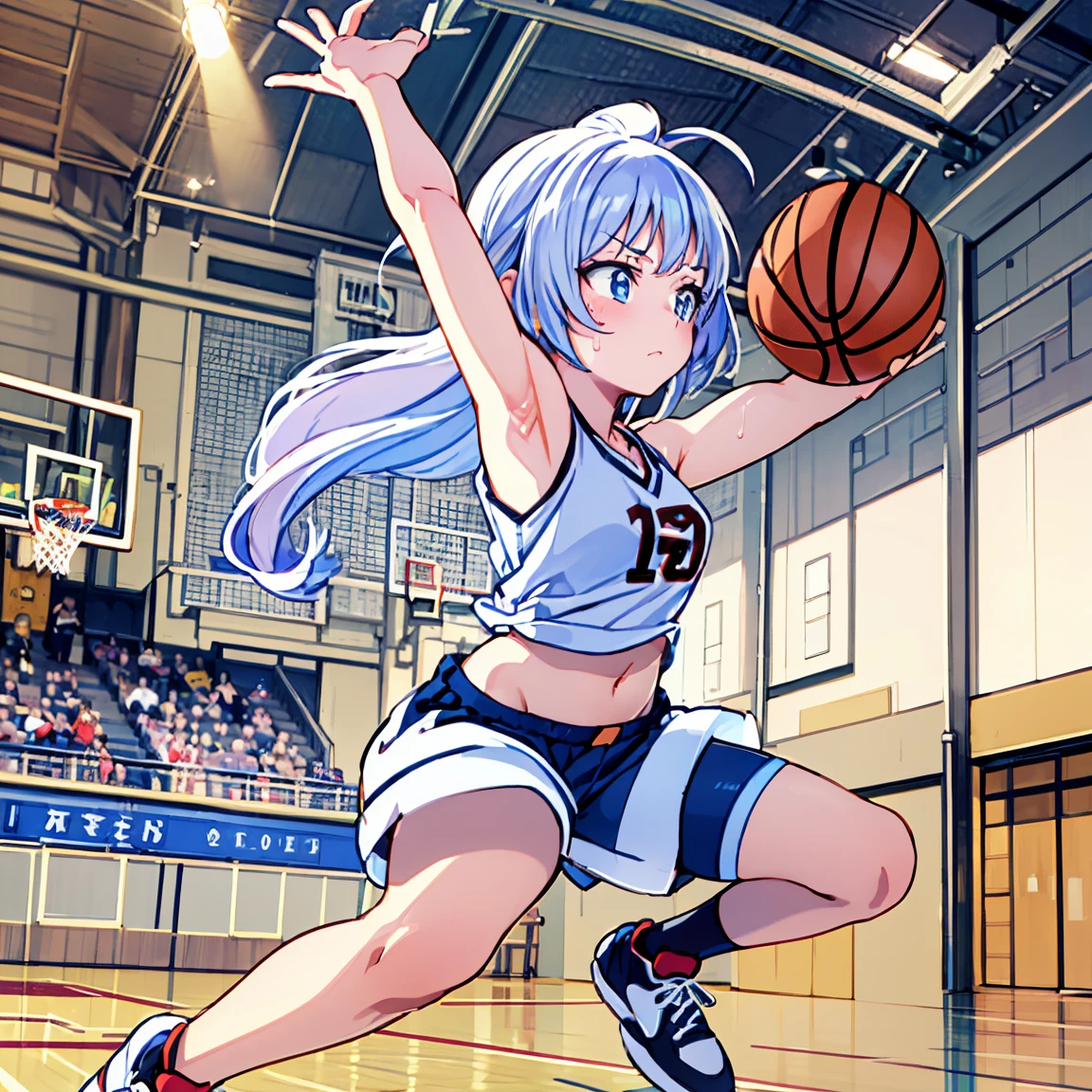 (((masterpiece))), (((best quality))), (((ultra detailed))), (((high-resolution))), ((super fine illustration)), ((Ultimate cutie)), detailed beautiful face,(white hair), shiny hair, ((((gyaru)))), (medium breasts), (((solo))), (((embarrassed expression))), (kneeling down female volleyball player), (((Crotch on the ball))), (sleeveless Volleyball Uniform), knee pad, elbow pad, ((sweat)), ((covered in sweat)), ((fog)), in Volleyball Court, lighting, ((from behind)),(((looking at viewer)))