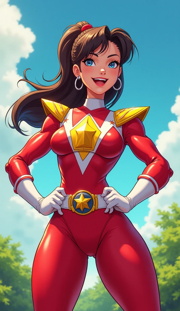 (Dominican: Caribbean:1girl: Sally,Superhero), (extremely detailed CG unit 8k wallpaper),(master part), (best quality), (ultra detali), (best illustration),(melhor ombre), cowboy shot, (Sharp eyeliner, ombre, detailedeyes:1), Disney Castle background, ,break , (star15escola:1.2), hair ornament,long hair ,red hair, Cameltoe