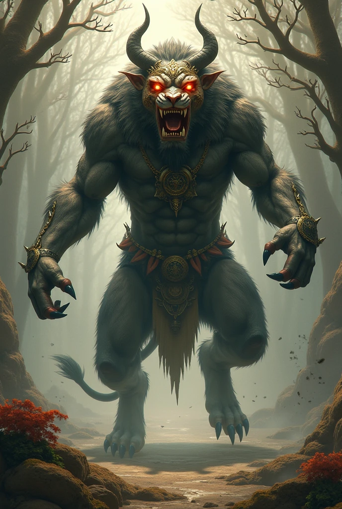 humanoid with brown skin, bright, feline yellow eyes, simian features, sharp fangs protruding from its mouth, With a furious glare, wearing tattered and aged medieval clothing, brawny, with a torch in one hand, large hands and feet with sharp claws, in front of a lake and a closed subtropical forest, In the light of the moon , realistic full body photography