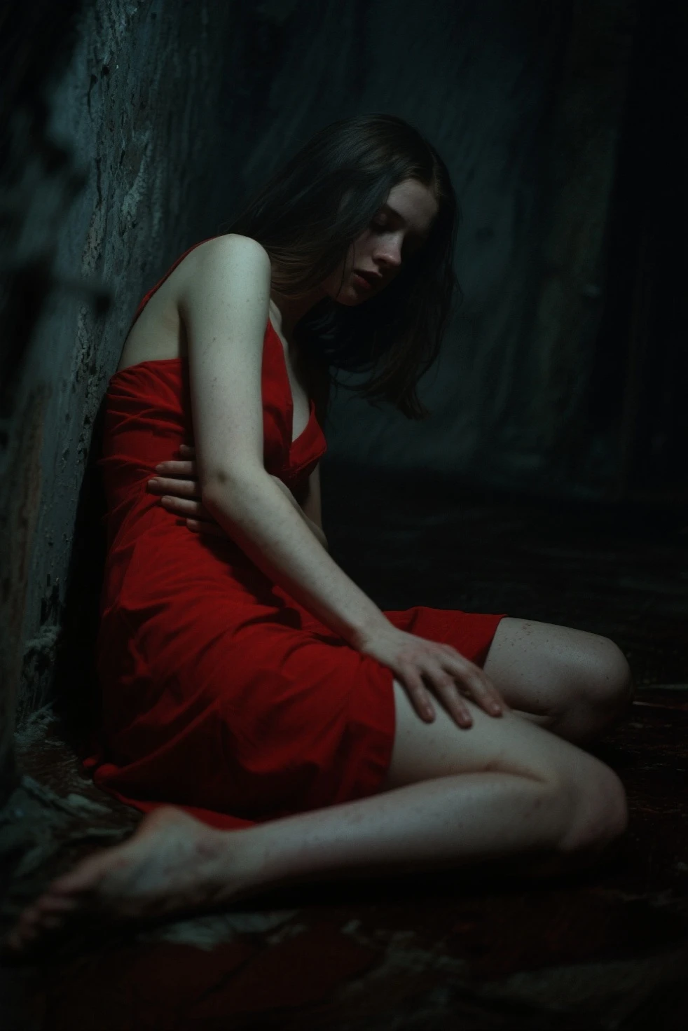 (bloody girl in , bound to a chair),oil painting,gritty,dark,demonic,red color palette,low-key lighting,evil spirit,frightened expression,bleeding wounds on arms,horror portrait,vivid details,haunting gaze,desperate appeal,haunting atmosphere,gloomy background,dripping blood,stark contrast,broken chair,terrifying scene,sinister ambiance,symbolic chains and rope,sense of confinement,fear and vulnerability,unsettling shadows,unsettling composition,macabre,horror photography