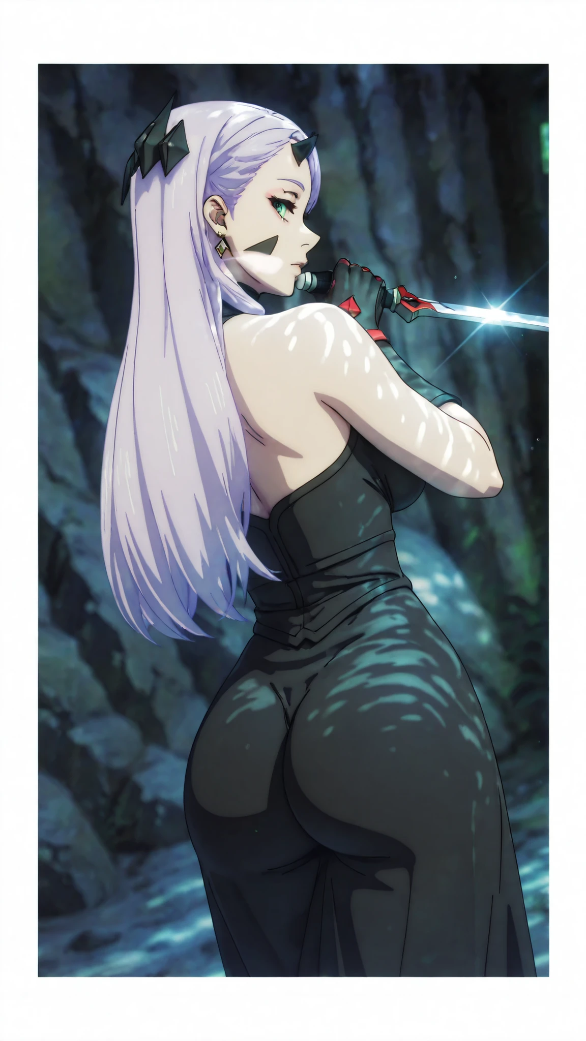 ggstduel, (aiue oka-style:1.2), anime coloring, ((Cinematic, unreal-engine, eye-catching, ambient occlusion, UHD, masterpiece)), ((perfect lighting, dappled sunlight)), comic, score_9, score_8_up, score_7_up, score_6_up, score_5_up, score_4_up, uncensored, detailed background, vignetting, high quality, absurdres, best quality, very aesthetic, newest, digital art, trending on ArtStation, ((anatomical correct)), perfect body, perfect eyes, perfect fingers, gasping, heavy breathing, gasping profusely, ((skindentation)), ((curvy)), naon yuno, mato seihei no slave, long hair, hair ornament, very long hair, green eyes, purple hair, horns, black horns, plump, 1girl, solo, weapon, dress, holding, black_dress, gloves, dual_wielding, holding_weapon, from_behind, ass, flower, knife, dagger, back, jewelry, looking_back, black_gloves, looking_at_viewer, earrings, bare_shoulders, reverse_grip