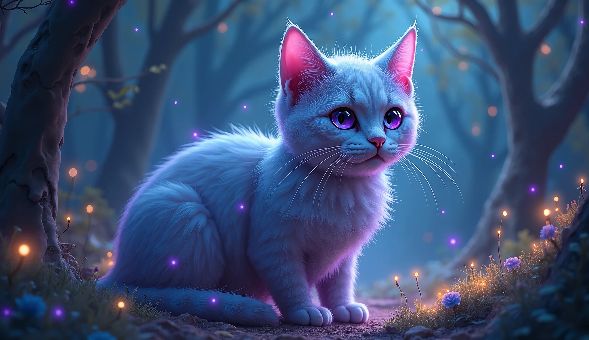 Create a highly detailed portrait of a supernatural cat, embodying an otherworldly presence. The cat should have an ethereal appearance, with fur that shimmers in a spectrum of colors, transitioning from deep indigo to vibrant violet, giving it a mystical quality. The fur should appear almost translucent, with a soft glow that suggests a connection to the supernatural realm. The cat's eyes should be large and mesmerizing, a captivating shade of luminescent silver or bright turquoise, radiating wisdom and an ancient understanding of the universe. Ensure the eyes draw the viewer in, conveying a sense of mystery and intelligence. Focus on the cat's unique facial features, including elongated whiskers that seem to shimmer and a well-defined nose that adds to its enchanting appearance. The ears should be pointed and adorned with delicate, shimmering tufts of fur, enhancing the cat's magical aura. Set the background in a fantastical environment, such as a moonlit forest filled with bioluminescent plants and softly glowing orbs of light floating in the air. The trees should have twisted trunks and leaves that sparkle like stars, creating a dreamlike atmosphere that complements the cat's supernatural essence. Incorporate elements of magic, such as swirling wisps of energy or faintly glowing runes etched into the ground, suggesting the cat's connection to ancient powers. Use soft, ambient lighting to highlight the contours of the cat's body and the iridescent quality of its fur, creating a captivating and enchanting scene. Include intricate details, such as the gentle play of light and shadow across the cat's features, the delicate patterns of its fur, and the subtle curve of its mouth, to enhance the overall beauty and mystique of the portrait. This illustration should evoke a sense of wonder and intrigue, inviting viewers to explore the magical world inhabited by this extraordinary supernatural cat.
