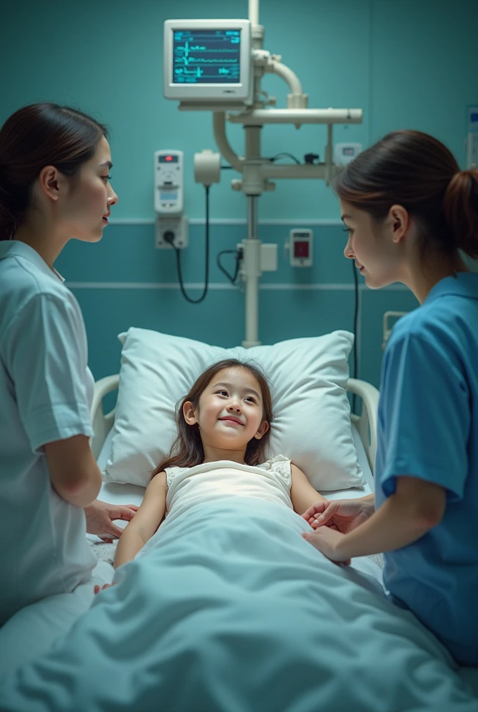 student nurse talking to child patient and another student nurse assisting old patient